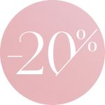 Rosafarbener Kreis mit fettgedruckter weißer Schrift "-20%", die auf einen zwanzigprozentigen Rabatt oder ein Verkaufsangebot hinweist.