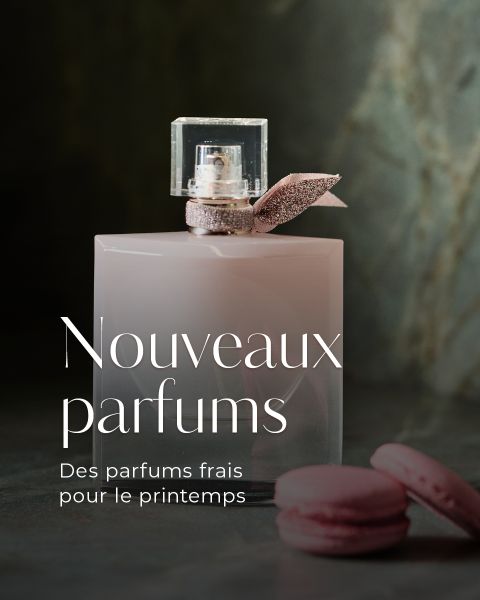 Un flacon de parfum rose avec un nœud est placé à côté de deux macarons roses ; le texte français se lit comme suit : "Nouveaux parfums. Des parfums frais pour le printemps.