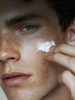 Gros plan d'une personne avec des taches de rousseur appliquant une noisette de crème blanche sur sa joue avec ses doigts.