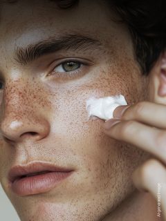 Une jeune personne avec des taches de rousseur applique une noisette de crème blanche sur sa joue et se concentre sur les soins de la peau.