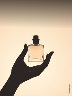 Une main en silhouette tient un flacon de parfum carré devant un fond dégradé doux et beige.