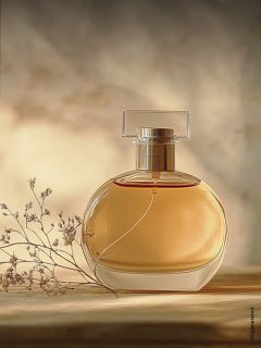 Un flacon rond en verre contenant un liquide doré, posé sur une surface en bois à côté de délicates fleurs séchées, devant un arrière-plan doux et flou.