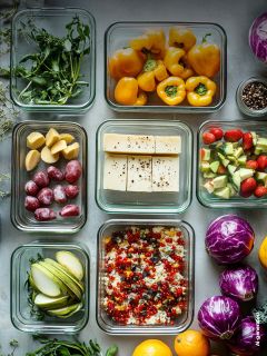 Récipients en verre contenant des légumes frais, des fruits, du fromage et des céréales, soigneusement disposés sur une surface grise, entourés de chou violet entier et d'oranges.