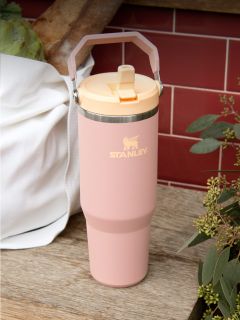 Une tasse Stanley rose avec une anse et une paille est posée sur une surface en bois à côté d'un sac blanc et de feuilles vertes.