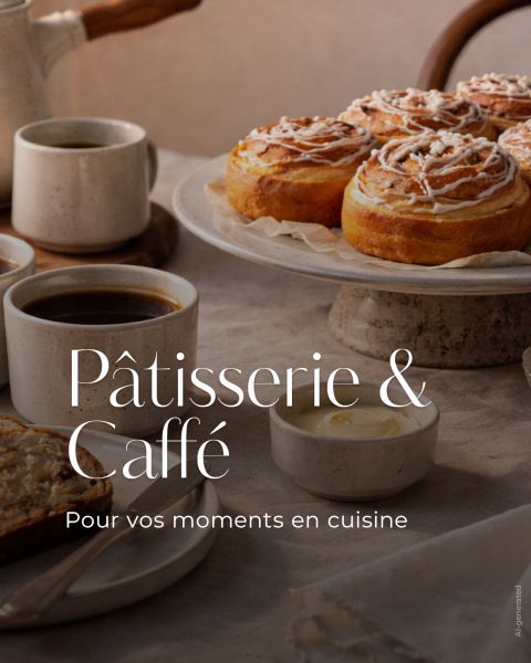 Une table avec des brioches à la cannelle, des tasses à café, du pain et du beurre, surmontée de l'inscription "Pâtisserie & Caffé - Pour vos moments en cuisine".