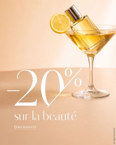 Flacon de parfum avec une tranche de citron dans un verre à Martini ; Texte : "-20% sur la beauté Découvrir" sur fond beige.