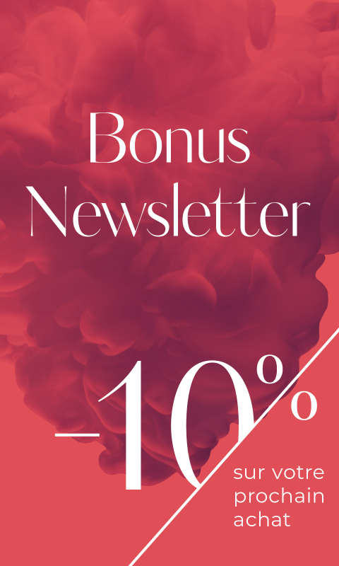 Graphique rouge et rose avec le texte "Bonus Newsletter -10% sur votre prochain achat", offrant aux abonnés à la newsletter une réduction de 10% sur leur prochain achat.