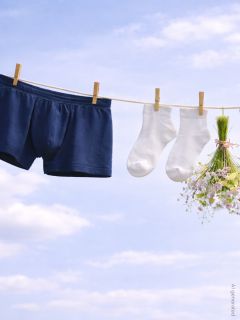 Boxer bleu marine, chaussettes blanches et un petit bouquet de fleurs suspendu à une corde à linge devant un ciel bleu avec des nuages.