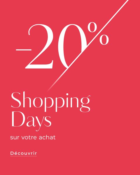 Graphique publicitaire rouge avec texte blanc offrant 20 % de réduction sur les journées shopping. Texte français : « Sur votre achat » et « Découvrir ».