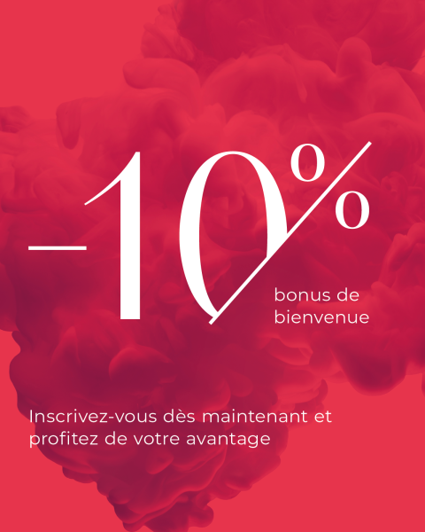 Texte blanc sur fond rouge avec des nuages : "-10% bonus de bienvenue. Inscrivez-vous dès maintenant et profitez de votre avantage."