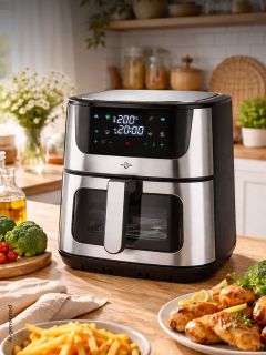 Sur la table de la cuisine se trouve une friteuse en acier inoxydable, entourée de frites, de poulet cuit, de brocoli et de légumes frais.