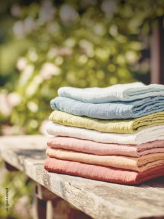 Une pile de tissus colorés, soigneusement pliés, repose sur une table en bois en plein air devant un arrière-plan vert flou.