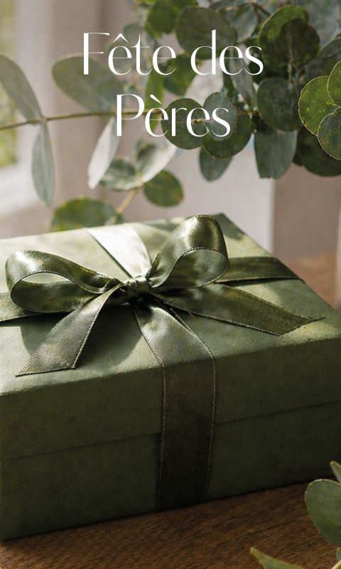 Une boîte cadeau verte avec un nœud est posée sur une table à proximité de branches vertes ; le texte indique « Fête des Pères ».