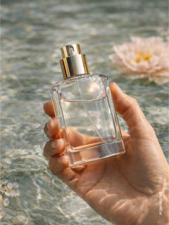 Une main tient un flacon de parfum en verre avec un bouchon doré au-dessus d'une eau claire avec une fleur rose flottante.