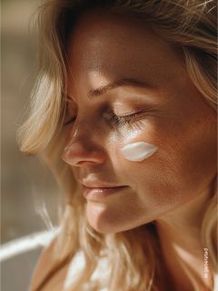Une femme aux yeux fermés et à la peau ensoleillée a une touche de crème sur la joue, ce qui accentue son expression naturelle et détendue.