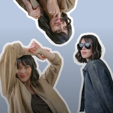 Femme dans différentes poses et tenues, dont une veste marron clair et une veste foncée avec des lunettes de soleil, devant un fond bleu clair avec des contours blancs.