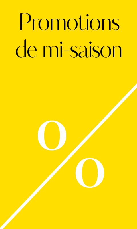 Fond jaune avec texte noir « Promotions de mi-saison » et un grand symbole de pourcentage blanc (%) indiquant des soldes de mi-saison.