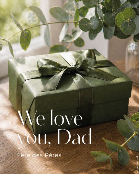 Sur une table en bois se trouve une boîte cadeau verte avec un ruban, entourée de branches vertes et du texte "Nous t'aimons, Papa". Fête des Pères.