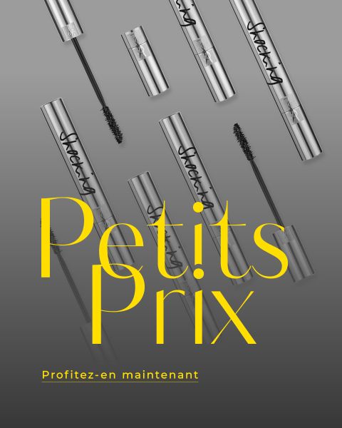 Plusieurs tubes de mascara argentés disposés en diagonale sur fond gris avec le texte "Petits Prix" et "Profitez-en maintenant" en jaune.