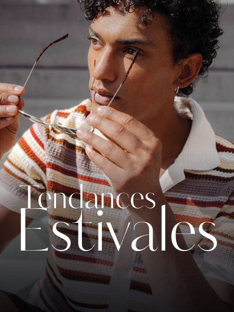 Une personne dans une chemise rayée tient des lunettes de soleil à la main ; le texte « Tendances Estivales » est superposé à l'image.