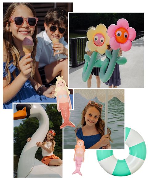 Quatre enfants profitent de l'été : Ils mangent de la glace, tiennent des flotteurs de fleurs, montent sur un cygne et posent avec des lunettes de soleil. Comprend des flotteurs de piscine et des cliparts de sirène.
