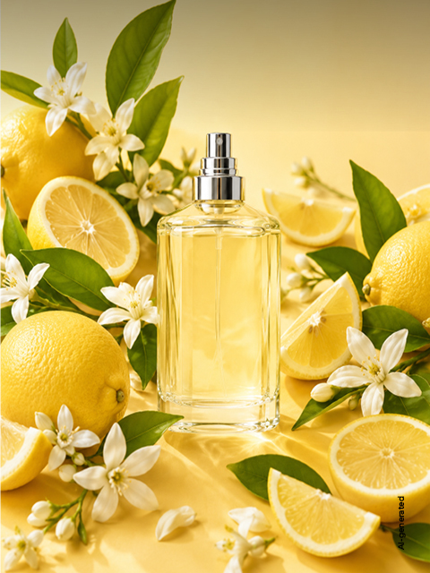 Bouteille de parfum transparente, entourée de citrons frais, de tranches de citron, de feuilles vertes et de fleurs blanches sur fond jaune.