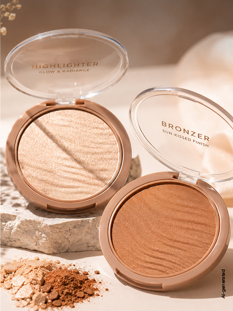Deux boîtiers de maquillage ouverts - l'un avec de l'illuminateur et l'autre avec du bronzeur - sont visibles sur une surface en pierre, à côté se trouve de la poudre libre, le tout dans une lumière douce.