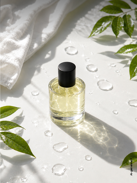 Sur une surface blanche se trouve un flacon de parfum transparent avec un bouchon noir, entouré de feuilles vertes, de gouttes d'eau et d'une serviette blanche.