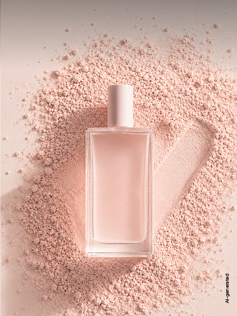 Sur de la poudre rose clair se trouve un flacon de parfum rose, à côté duquel un coche est dessiné dans la poudre.