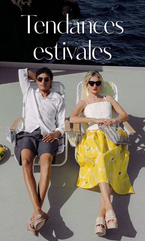 Un homme et une femme se détendent en tenue d'été sur des chaises longues sous le titre « Tendances estivales », avec la mer en arrière-plan.