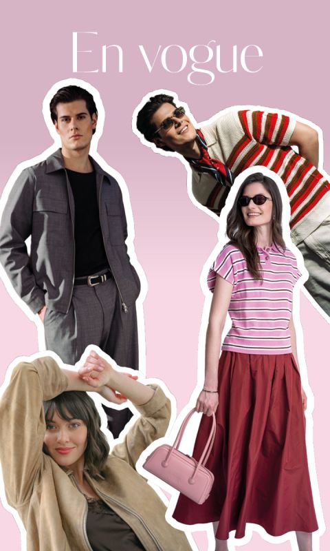 Quatre personnes élégamment vêtues posent devant un fond rose avec le texte "En vogue" au-dessus d'elles, présentant des tenues et accessoires tendance.