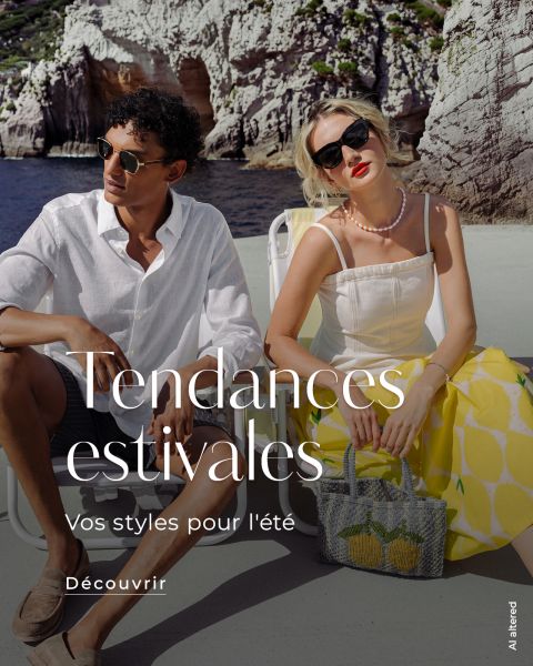 Un homme et une femme en tenue d'été élégante sont assis en plein air au bord de l'eau, avec des falaises rocheuses en arrière-plan. Texte : "Tendances estivales, Vos styles pour l'été.
