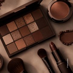 Sur une surface beige sont disposés une palette de maquillage aux tons bruns, un étui à blush, un rouge à lèvres foncé et des pinceaux.