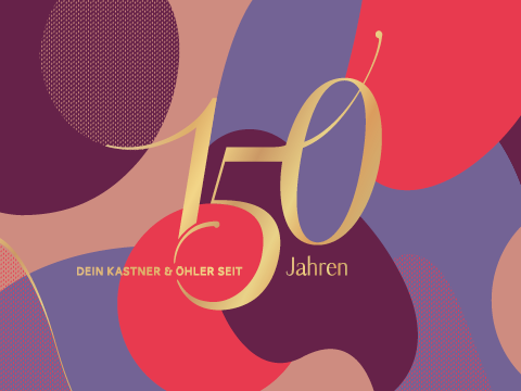 Abstrakter Hintergrund mit der goldenen Aufschrift „150 Jahren“ und dem Text „DEIN KASTNER & ÖHLER SEIT“, verziert mit roten, violetten und beigen organischen Formen.