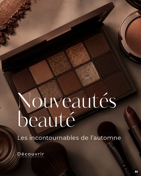 Une palette de fards à paupières ouverte aux tons bruns chauds, entourée de pinceaux de maquillage, de rouges à lèvres et de poudre, avec une superposition de texte français sur le thème « Beauté automnale ».
