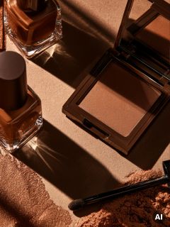 Vernis à ongles marron, poudre bronzante dans un poudrier et pinceau de maquillage, disposés sur une surface marron sur laquelle de la poudre bronzante est éparpillée, sous un éclairage dramatique.