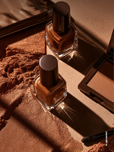 Deux flacons de vernis à ongles marron et une boîte de poudre ouverte avec du bronzer sur une surface marron texturée, avec des ombres dramatiques.