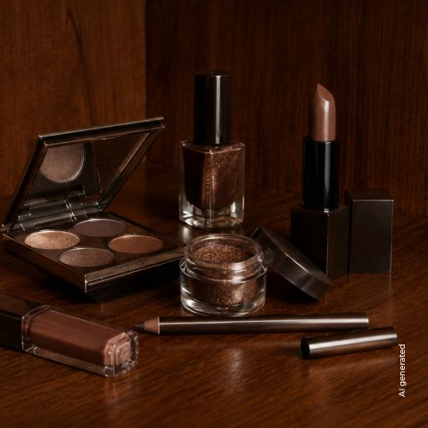Divers produits de maquillage dans les tons bruns, dont du rouge à lèvres, du fard à paupières, du vernis à ongles, du brillant à lèvres et un eye-liner, exposés sur un support en bois.