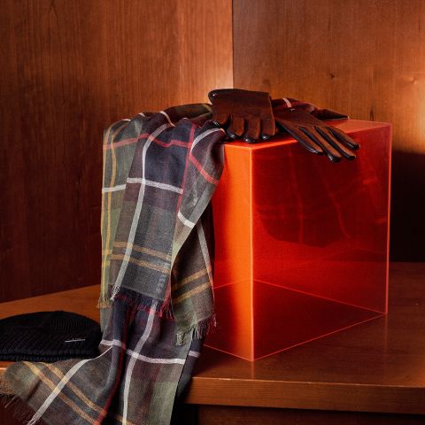 Une écharpe à carreaux et des gants en cuir marron reposent sur un dé rouge translucide, à côté d'un bonnet tricoté noir sur un support en bois.