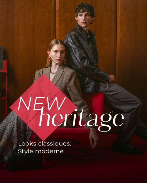 Deux mannequins vêtus de tenues de style classique moderne posent dans une pièce élégante aux murs en bois. Le texte dit : « NOUVEAU patrimoine. Looks classiques. Style moderne. »