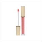 Ein rosa Lipgloss von Estée Lauder mit goldener Kappe, abgebildet mit dem Applikatorstift neben der geschlossenen Tube auf weißem Hintergrund.