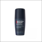Eine schwarze Flasche des Antitranspirant-Deodorants „Biotherm Homme Day Control 72H Protection“, 75 ml, vor weißem Hintergrund.