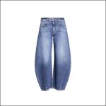Blaue Jeans mit weitem Bein, sichtbaren Nähten und hoher Taille, dargestellt auf weißem Hintergrund mit einem schmalen schwarzen Rand um das Bild herum.