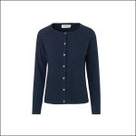 Eine marineblaue, langärmelige Strickjacke mit Knöpfen vorne, abgebildet vor einem schlichten weißen Hintergrund.