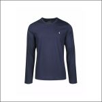 Marineblaues Langarm-Shirt mit Rundhalsausschnitt und einem kleinen weißen Logo auf der linken Brust, dargestellt vor einem schlichten weißen Hintergrund.