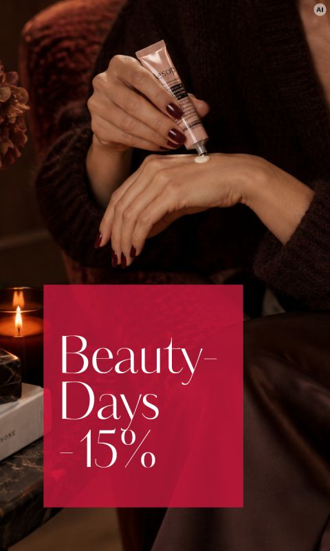 Une personne se crème la main, au-dessus est écrit en rouge : « Beauty-Days - 15 % ». À côté se trouvent une bougie allumée et un livre.