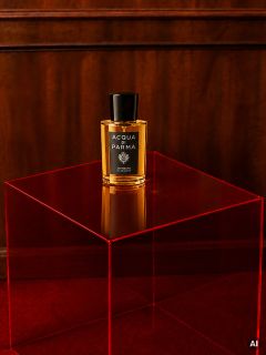Sur un socle rouge transparent devant un fond en bois se trouve un flacon de parfum Acqua di Parma.