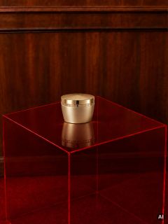 Un bol doré à motif géométrique repose sur un socle rouge transparent devant un mur lambrissé et une moquette rouge.