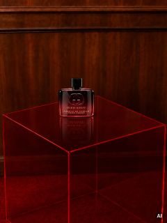 Un flacon de parfum Gucci Guilty repose sur un cube rouge transparent devant un mur en bois et un tapis rouge.
