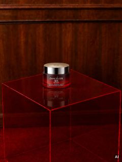 Un pot couleur crème de la marque Lancaster 365 est posé sur un cube rouge transparent devant un mur en bois.